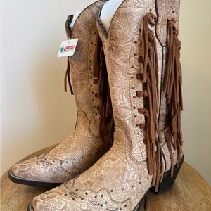 Laredo Tygress Boots Tan Leather, Side Fringe, Snip Toe 52031 Women's 8 M NEW